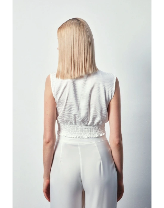 Kruvaze Desenli Saten Bluz - Ekru