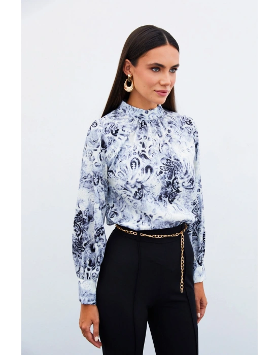 Dik Yaka Desenli Bluz - SİYAH