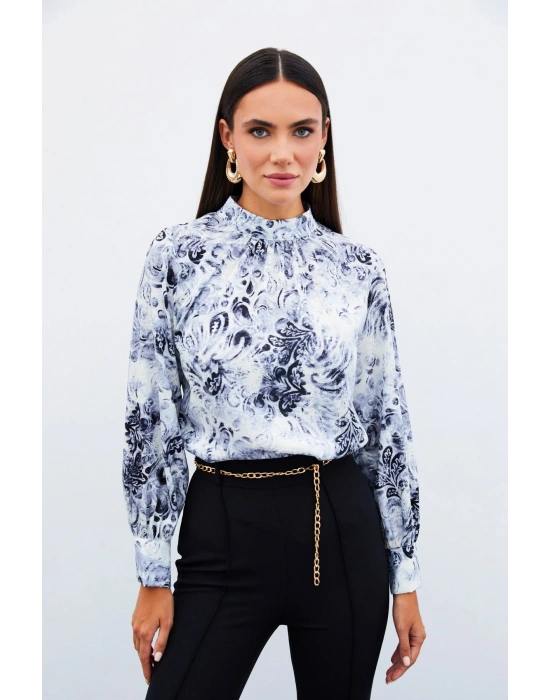 Dik Yaka Desenli Bluz - SİYAH