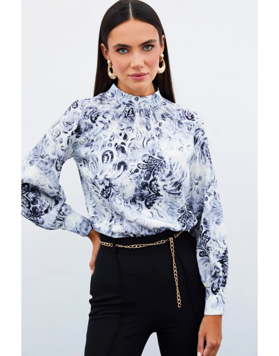 Dik Yaka Desenli Bluz - SİYAH