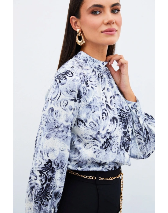 Dik Yaka Desenli Bluz - SİYAH