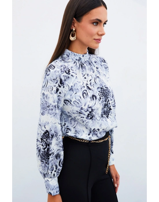 Dik Yaka Desenli Bluz - SİYAH