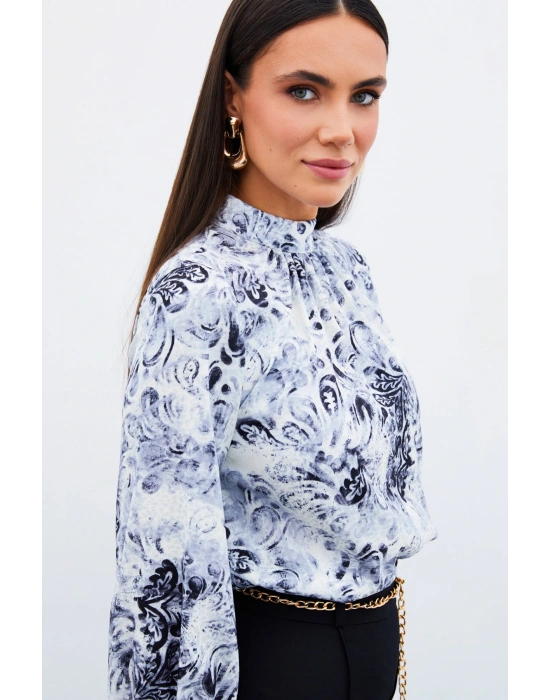 Dik Yaka Desenli Bluz - SİYAH