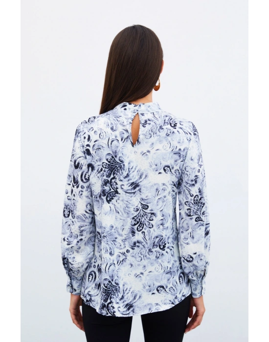 Dik Yaka Desenli Bluz - SİYAH