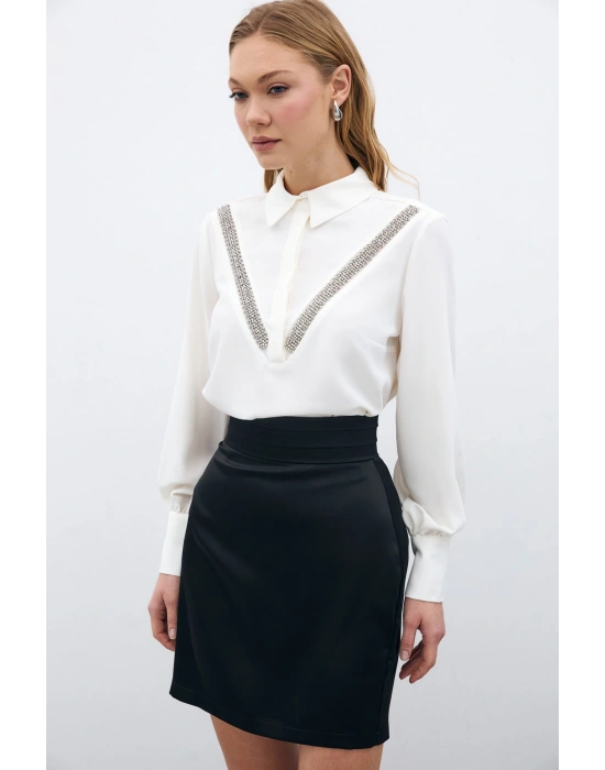 Şerit Aksesuarlı Bluz - Ekru