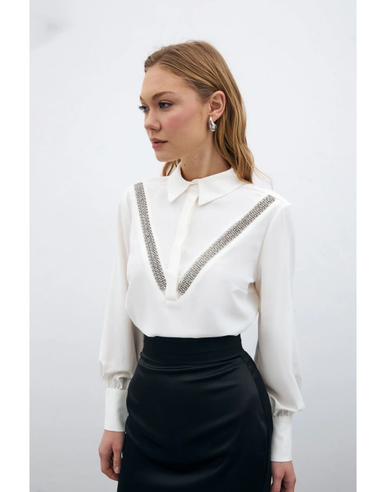 Şerit Aksesuarlı Bluz - Ekru
