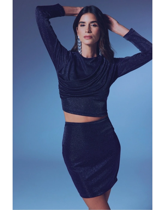 Büzgü Detaylı Simli Bluz - LACİVERT