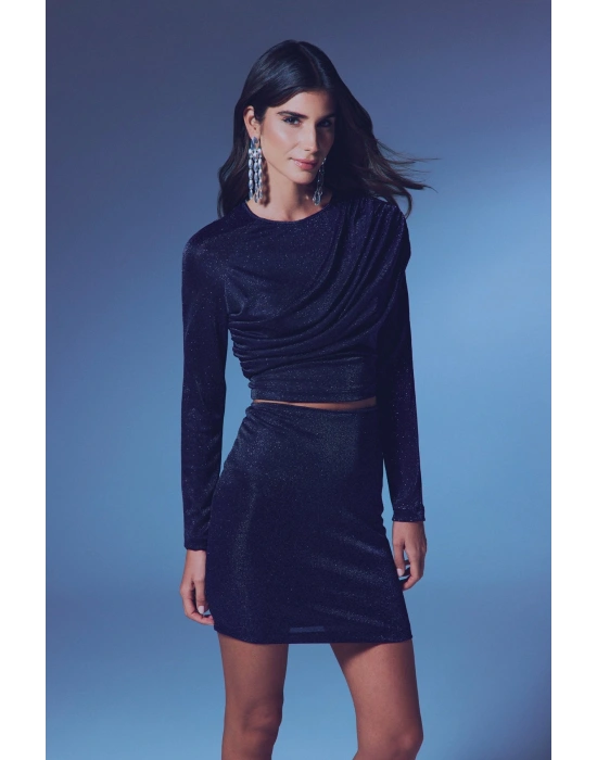 Büzgü Detaylı Simli Bluz - LACİVERT