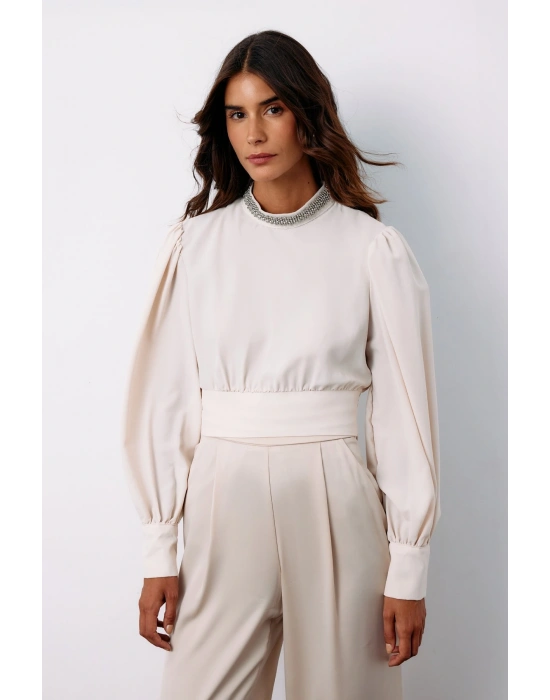Yaka Aksesuarlı Bluz - Bej