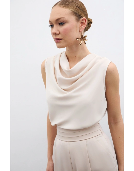 Degaje Yaka Kolsuz Bluz - Bej