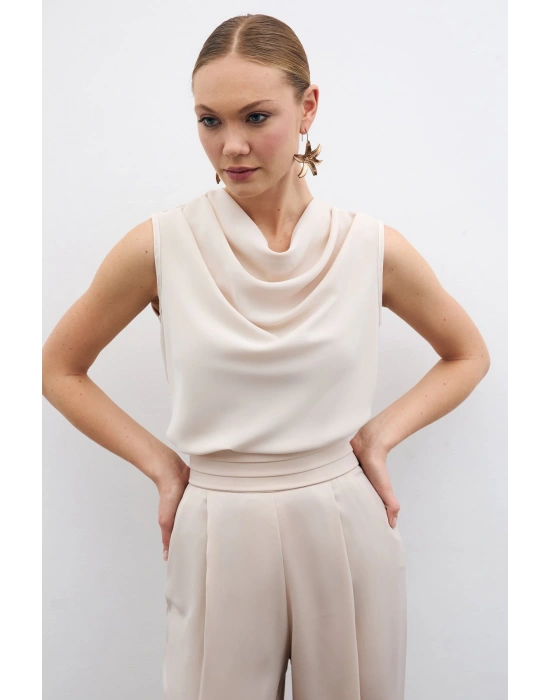 Degaje Yaka Kolsuz Bluz - Bej