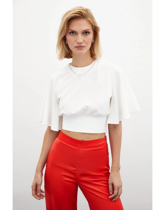 Kolyeli Kısa Kol Bluz - Ekru