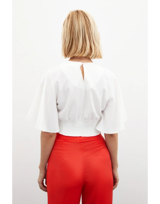 Kolyeli Kısa Kol Bluz - Ekru