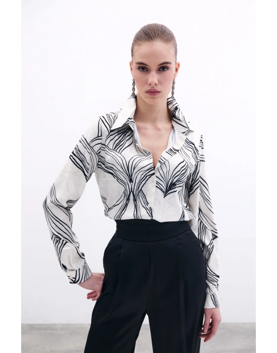 Desenli Saten Gömlek - Siyah