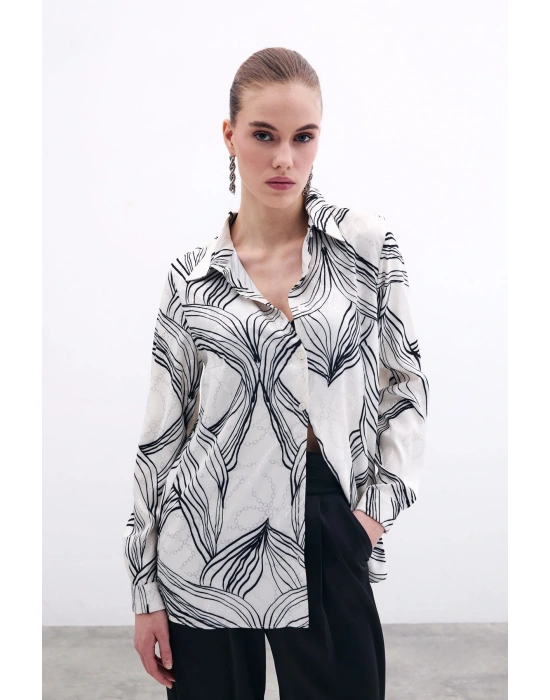 Desenli Saten Gömlek - Siyah