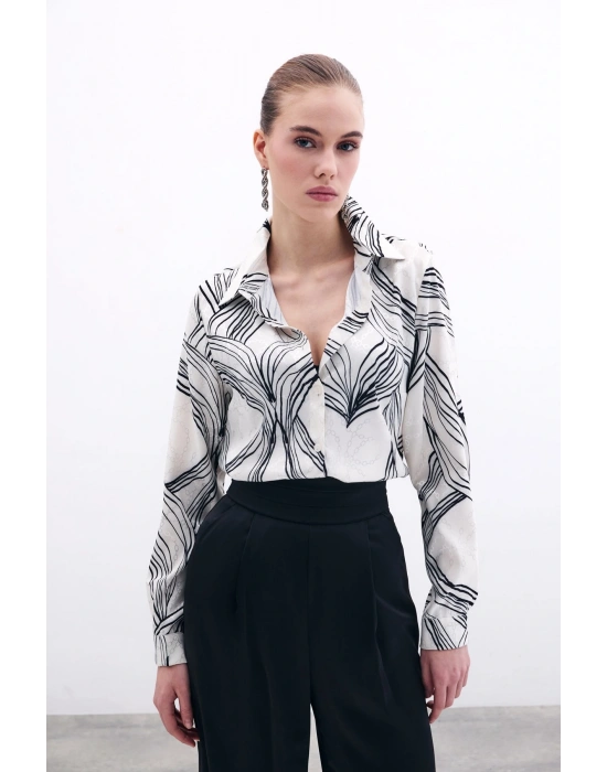 Desenli Saten Gömlek - Siyah