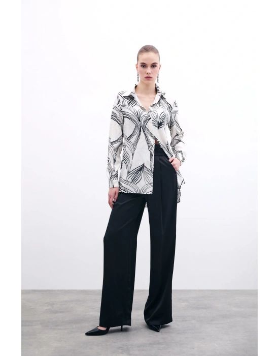 Desenli Saten Gömlek - Siyah