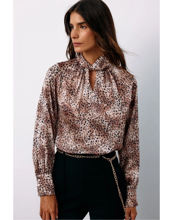 Detaylı Yaka Leopar Desenli Bluz - Bej