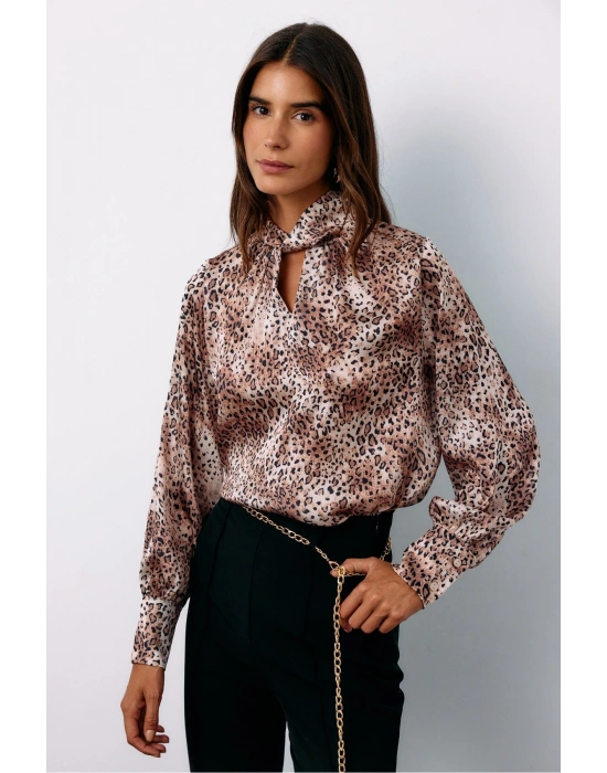 Detaylı Yaka Leopar Desenli Bluz - Bej
