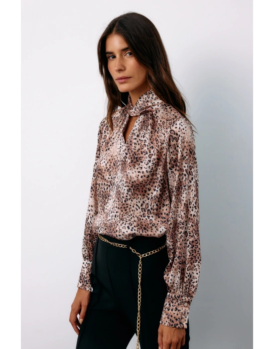 Detaylı Yaka Leopar Desenli Bluz - Bej