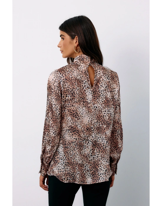Detaylı Yaka Leopar Desenli Bluz - Bej