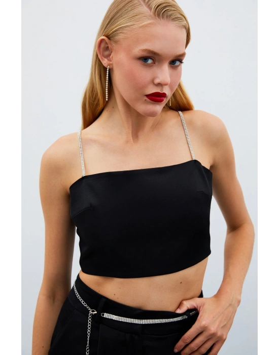 Taş Askılı Saten Crop Bluz - SİYAH