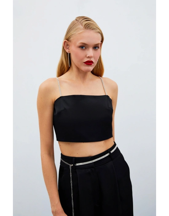 Taş Askılı Saten Crop Bluz - SİYAH