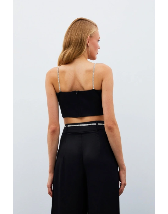 Taş Askılı Saten Crop Bluz - SİYAH