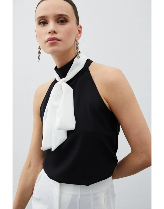 Kontrast Fularlı Kolsuz Bluz - SİYAH