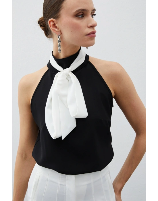 Kontrast Fularlı Kolsuz Bluz - SİYAH