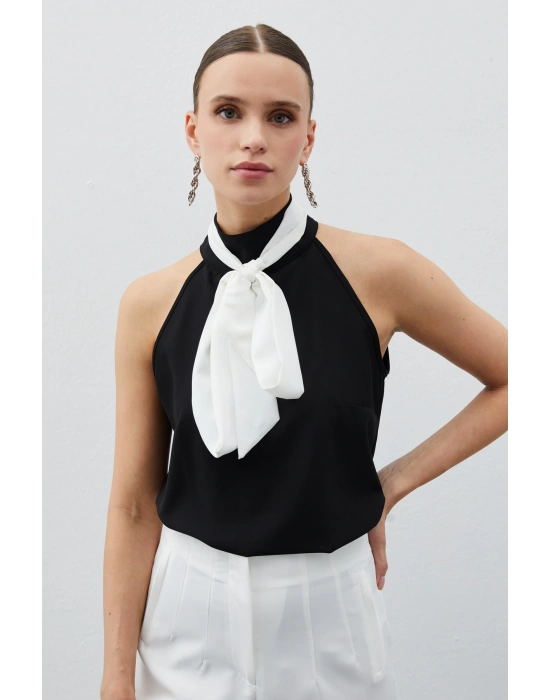 Kontrast Fularlı Kolsuz Bluz - SİYAH