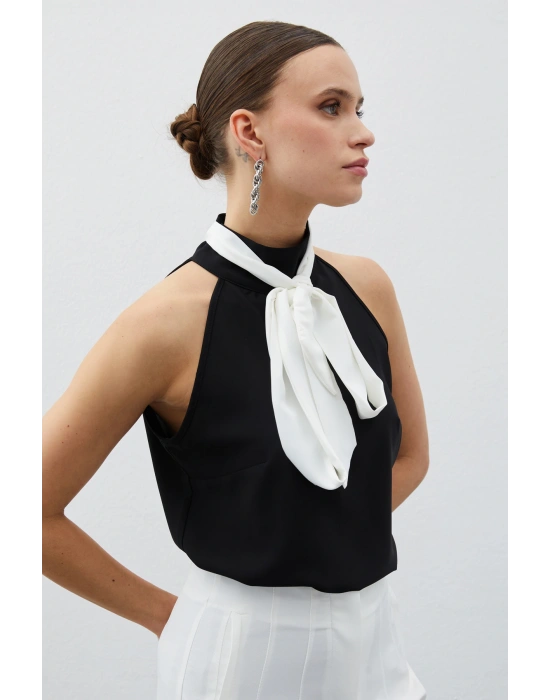 Kontrast Fularlı Kolsuz Bluz - SİYAH