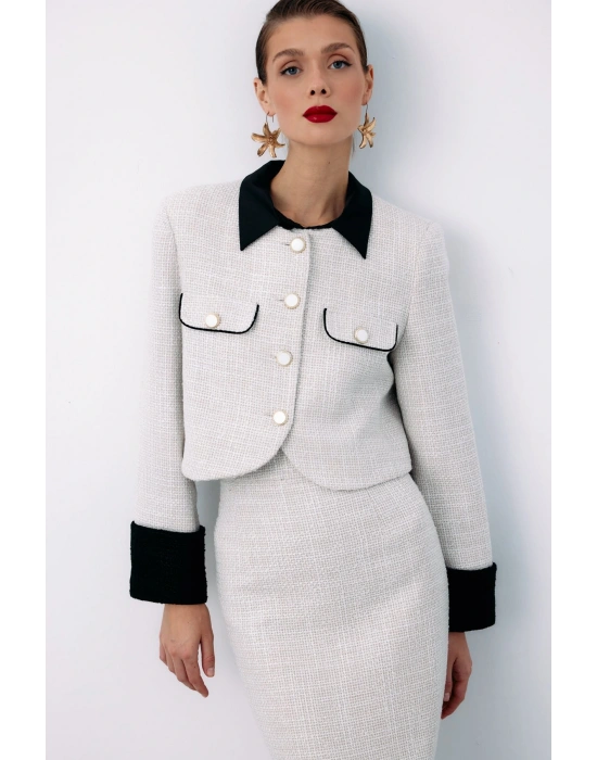 Kontrast Kısa Tüvit Ceket - Taş