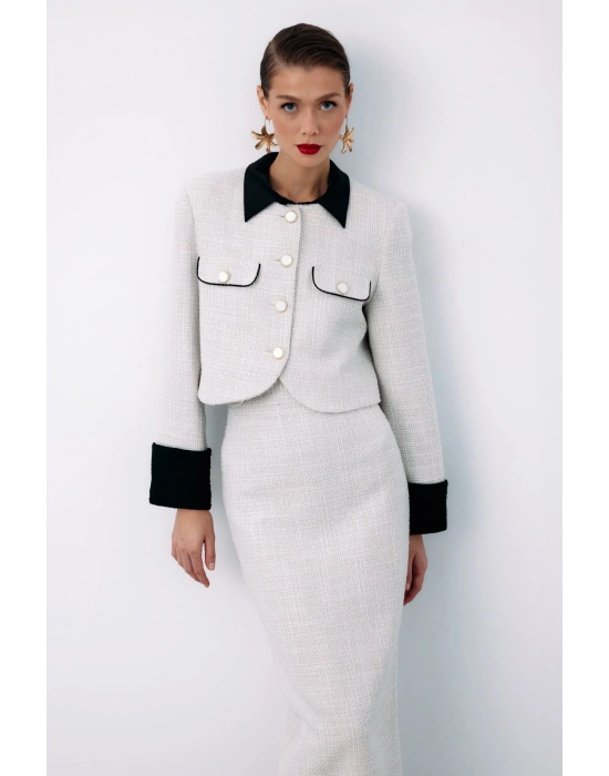 Kontrast Kısa Tüvit Ceket - Taş