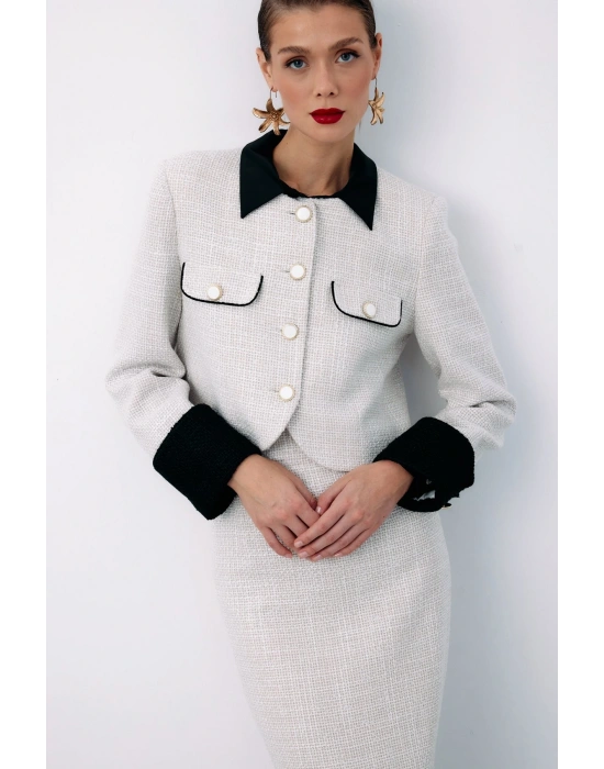 Kontrast Kısa Tüvit Ceket - Taş