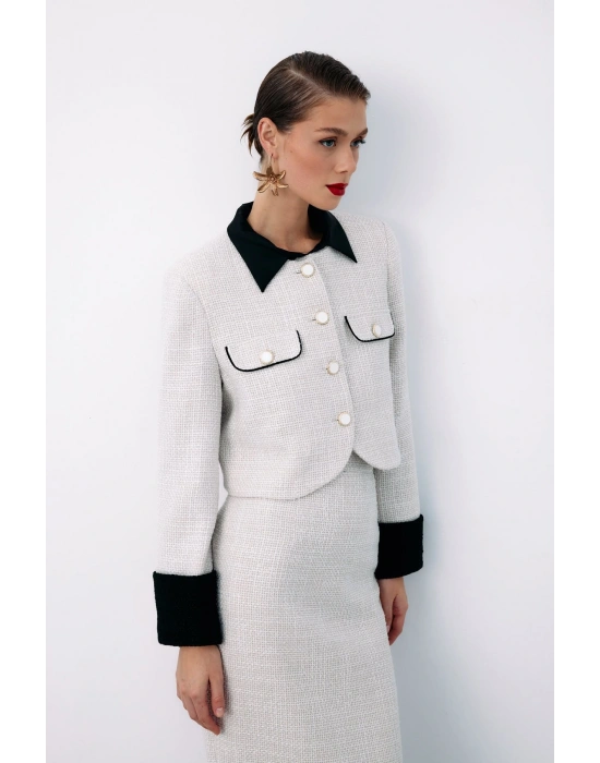 Kontrast Kısa Tüvit Ceket - Taş