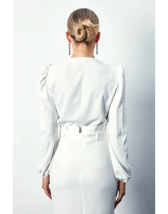 Parlak Çizgili Bodysuit Bluz - Ekru