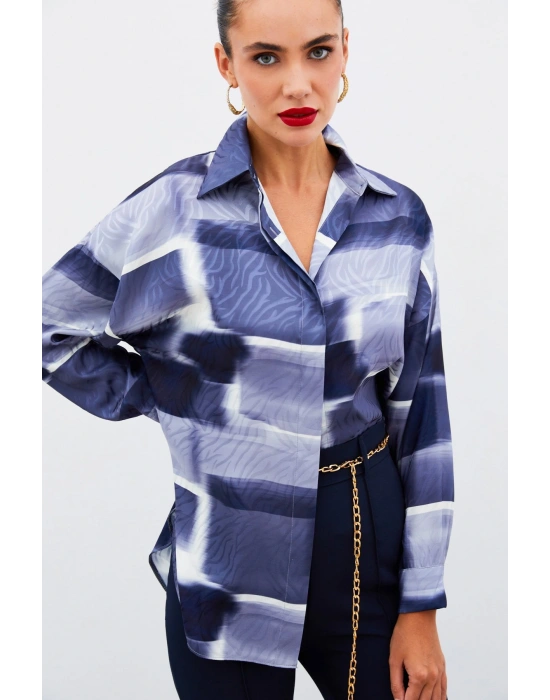 Desenli Uzun Gömlek - LACİVERT