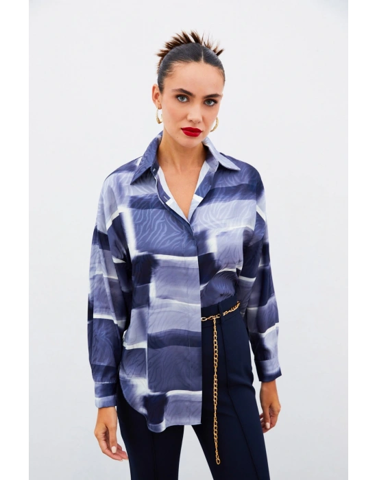 Desenli Uzun Gömlek - LACİVERT