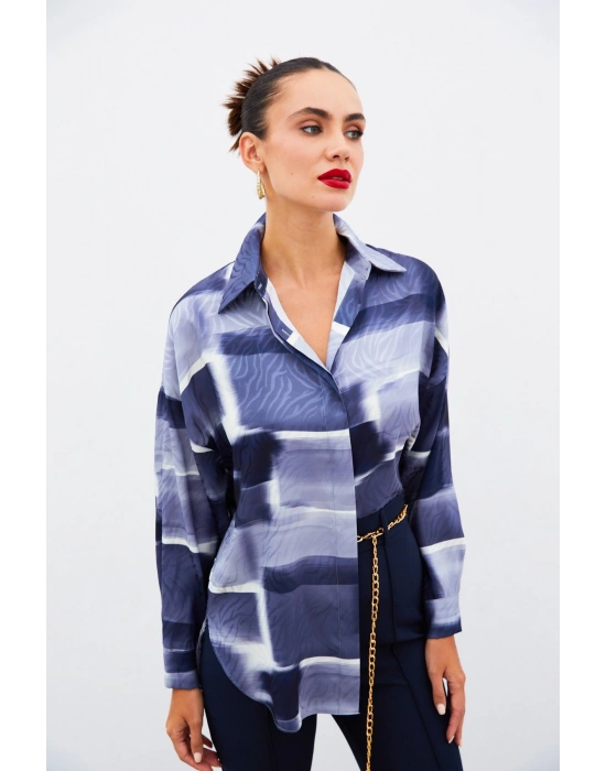 Desenli Uzun Gömlek - LACİVERT