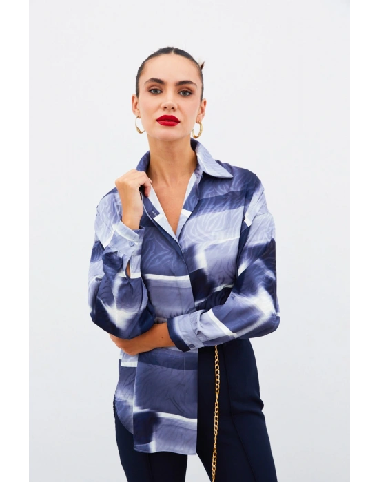 Desenli Uzun Gömlek - LACİVERT