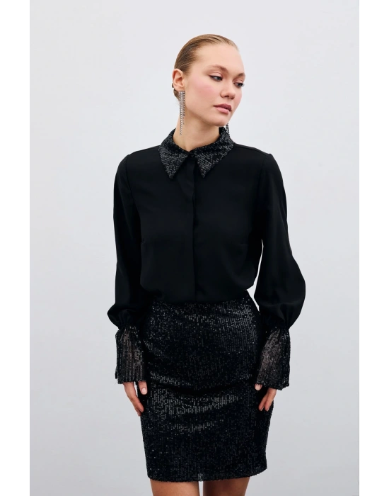 Payet Detaylı Gömlek - Siyah