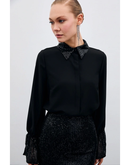 Payet Detaylı Gömlek - Siyah