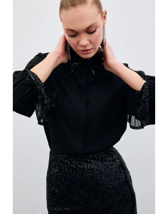 Payet Detaylı Gömlek - Siyah