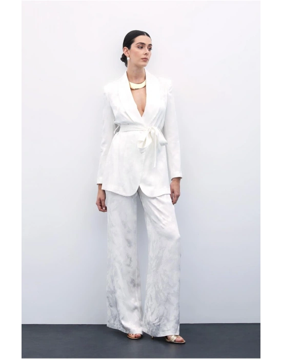 Jakarlı Bol Paça Pantolon - Ekru