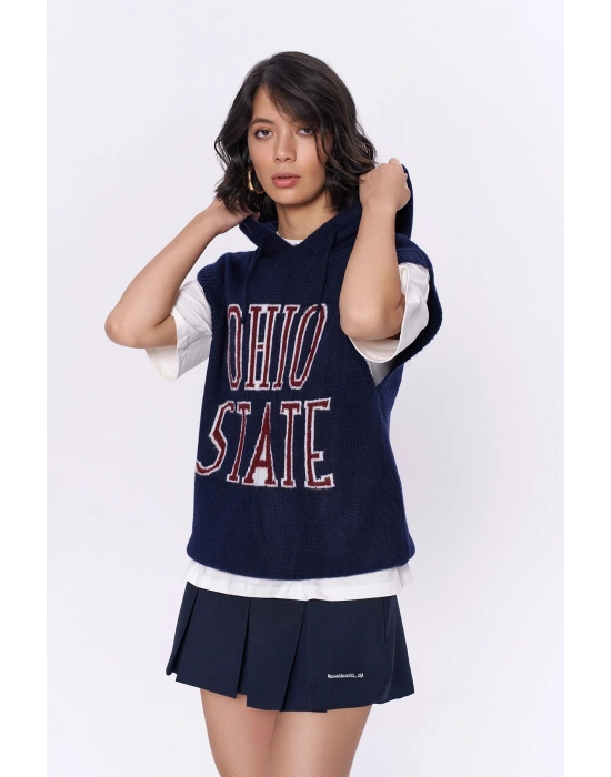 Yazı Sloganlı Kapüşonlu Süveter Lacivert