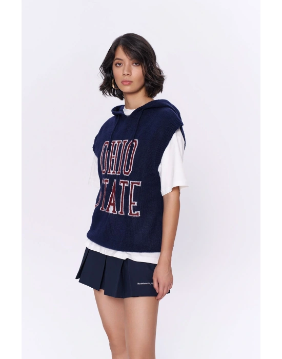 Yazı Sloganlı Kapüşonlu Süveter Lacivert