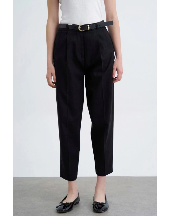 Kemerli Keten Siyah Pantolon