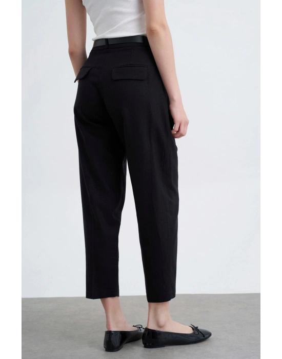 Kemerli Keten Siyah Pantolon