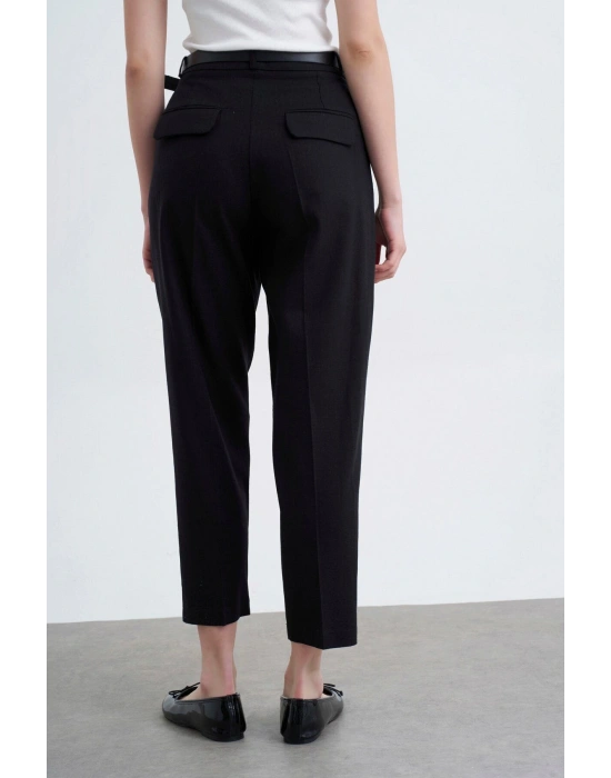 Kemerli Keten Siyah Pantolon